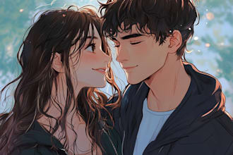 create anime couple portrait, anime family portrait art in unique style