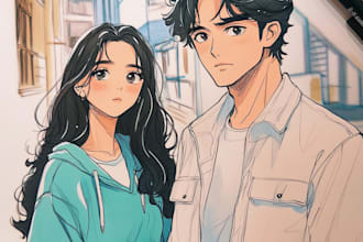 draw anime couple portrait, anime family portrait art in unique style