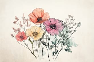 hand draw botanical cline art of plants, flowers