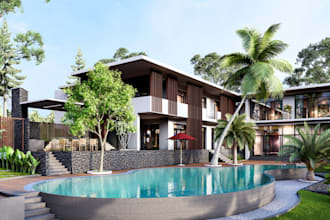 generate modern luxury villa,landscape,lobby space, realistic exterior view, cgi