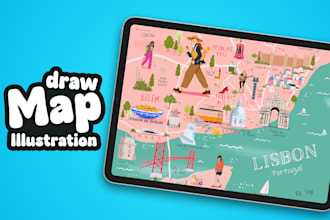 make hand drawn map illustration of cities, fantasy, travel art
