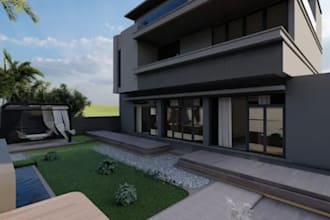 redesign 3d villa render, cozy living spaces, landscaped, cozy dining area, cgi