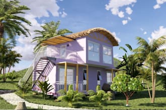 design 3d beach motel,cgi duplex villa, exterior render, farm house, hq render