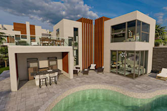 design rooftop terrace house,lodge, modern structure,landscape rendering,bedroom