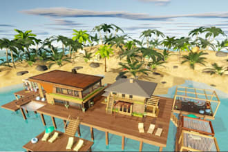 3d tropical beach house, beach villa, landscape beach,sofa render, resort design
