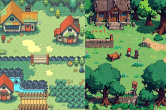 pixel art background scene, animated pixel art sprite sheet, pixel character