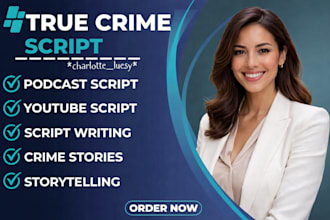 research and write podcast true crime script, youtube script, true crime script
