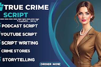 research and write podcast true crime script, youtube script, true crime script