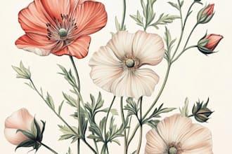 draw cute botanical illustration for flowers, plant, fruits, 3d flower, line art