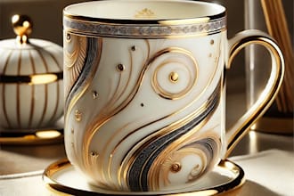 luxury glazed ceramic mug with gold accents and abstract swirls