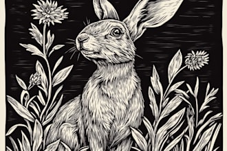 draw animal and botanical linocut doodle illustration