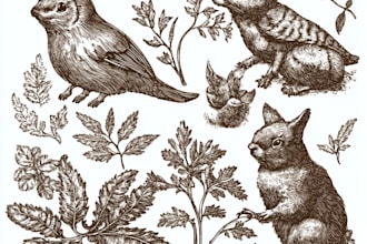 do animal and botanical linocut doodle illustration