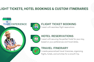 book flight ticket, hotel reservations and travel itinerary