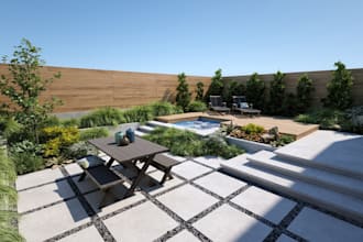 design landscape, outdoor backyard pool, 3d patio rendering, and garden design