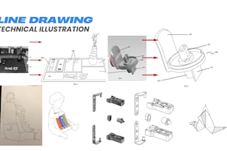 create technical black and white illustrations for manuals and patents