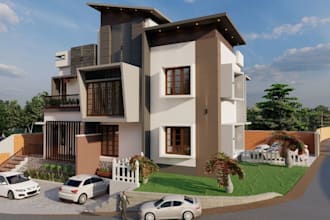 design 3d exterior rendering, muliti floor building, front yard elevation, cgi