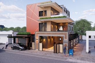 enscape rendering of residential exterior,tree,foyer,patio,park,landscape design