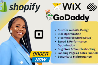 redesign shopify store, design wix or squarespace, godaddy square online website