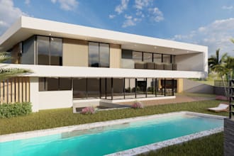 modify 3d villa exterior, front elevation, rooftop building, swimming pool,