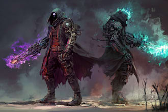 design cyberpunk, sci fi and fantasy character splash art