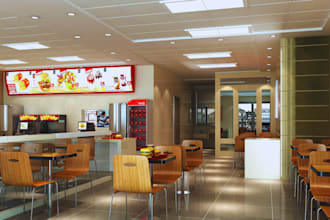 do 3d fast food restaurant, coffee spot, food kiosk, café, candy shop design
