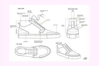 design footwear, sneaker, boot, sandals,  heels with manufacture tech pack