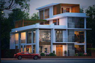 model 3d facade exterior, cgi minima livingroom, boho dining room, night render