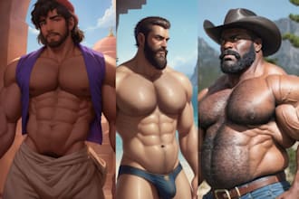 draw gay muscle with cartoon and nsfw art bara, furry, commisions from anime