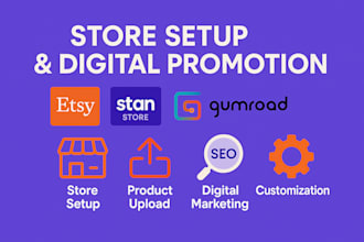 set up and promote your etsy, stan store, gumroad, payhip digital product shop