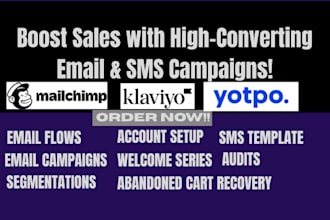 set up klaviyo yotpo mailchimp automations, email flow, SMS, audit, campaigns
