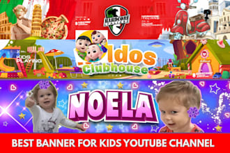 eye catching kids youtube banner design, channel art, logo, twitch banner design