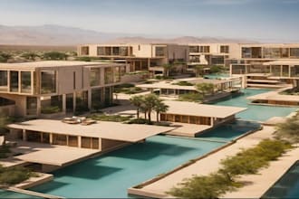 render 3d hotel ranch resort,commercial terrace,museum club,pool exterior design