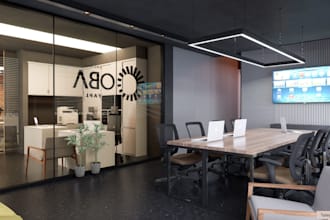 commercial space design,company exterior render with logo, office interior, yard
