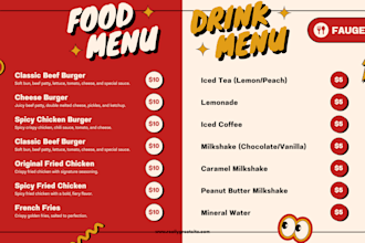 design editable restaurant menu, price list, digital menu, menu board, food menu