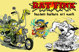 draw illustration in rat fink style  kustom kulture artwork, rat fink car bike