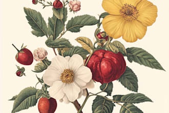 do botanical illustration of flowers, plants, and fruits