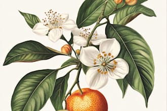 create botanical illustration of flowers, plants, and fruits
