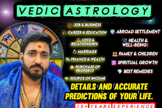 detailed vedic astrology birth chart reading, predictions and provide remedies
