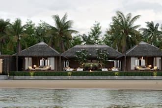 craft 3d resort,cgi beach hotel,pool, cool spot, fire pit model, facade exterior