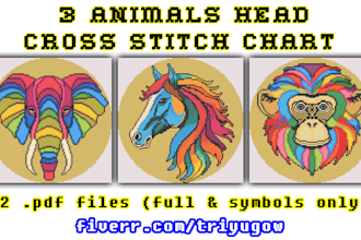 sell 3 animal heads cross stitch pattern designs