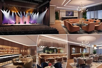 do realistic 3d lounge bar interior an exterior design, nightclub