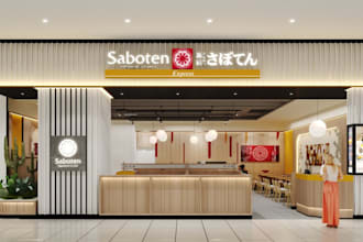 rebuild 3d cafe shop, smart restaurant rendering, trade booth design, bar video