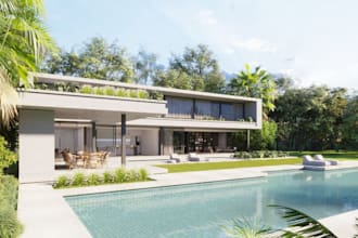 optimize 3d villa swimming ,3d facade, front elevation ,garden 8k render,3ds max