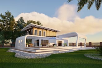 optimize 3d house exterior design, luxury villa front,facade exterior,pool,patio