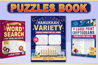 create sudoku word search maze puzzle activity book cover and interior for KDP