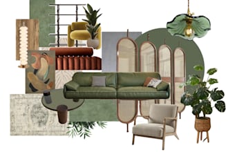 create interior design moodboard with shopping list and floor plan