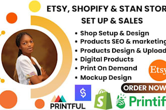 set up etsy shopify stan store seo design etsy digital products print on demand