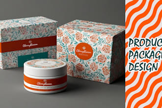 do product packaging, box, label design with mockup presentation