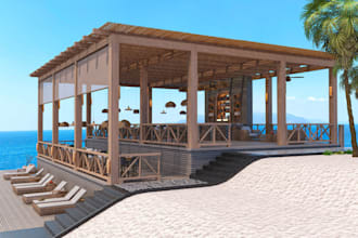 redesign 3d floating restaurant with hull steel,event barge,3d cafe kiosk render