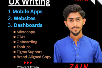 do UX writing for UI UX website design, mobile app design, figma and dashboard